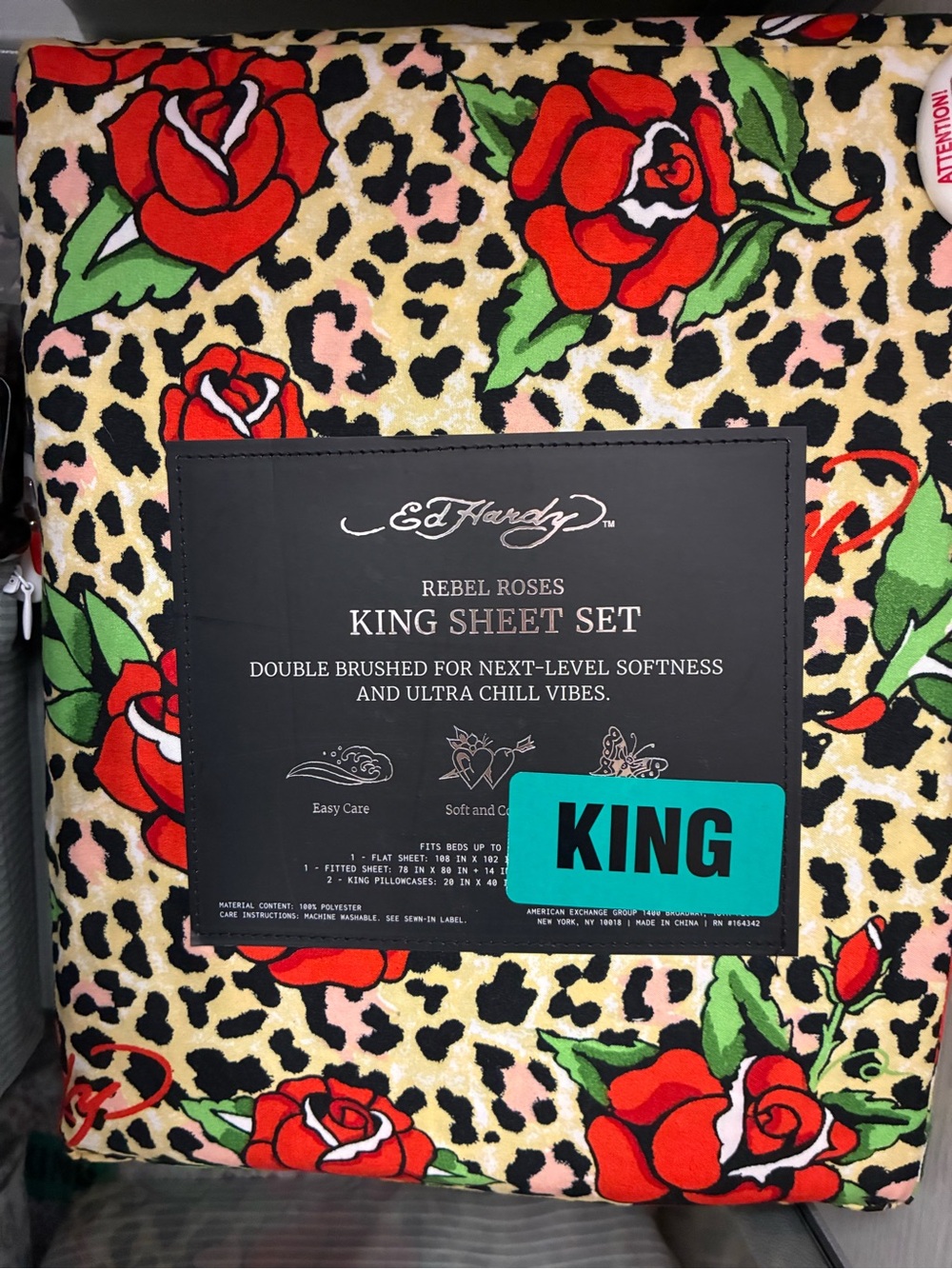 Ed Hardy King Sheet Set - Red Roses & Green Leaves on Leopard Print